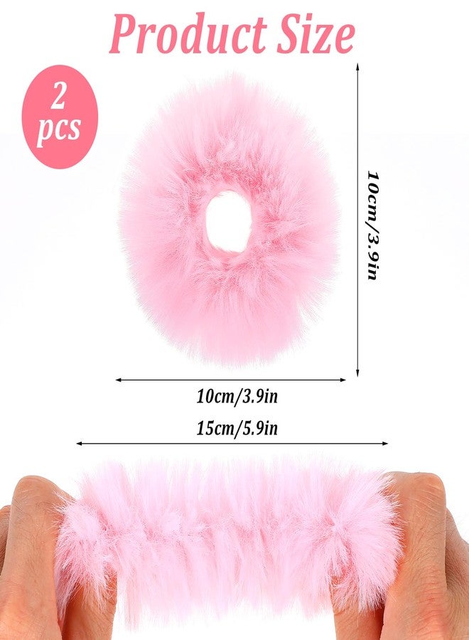 Apausvcm 2 Pcs Pink Pom Pom Hair Tie, Fuzzy Furry Faux Rabbit Fur Scrunchies Baby Hair Ties Ponytail Holders Pom Hair Accessories for Girls Women (Pink) - Image 2